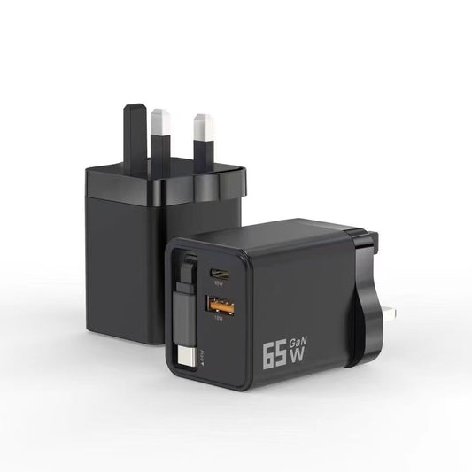 65W Fast Charger with Retractable Cable – USB-C & USB-A Wall Charger for Laptop & Phone