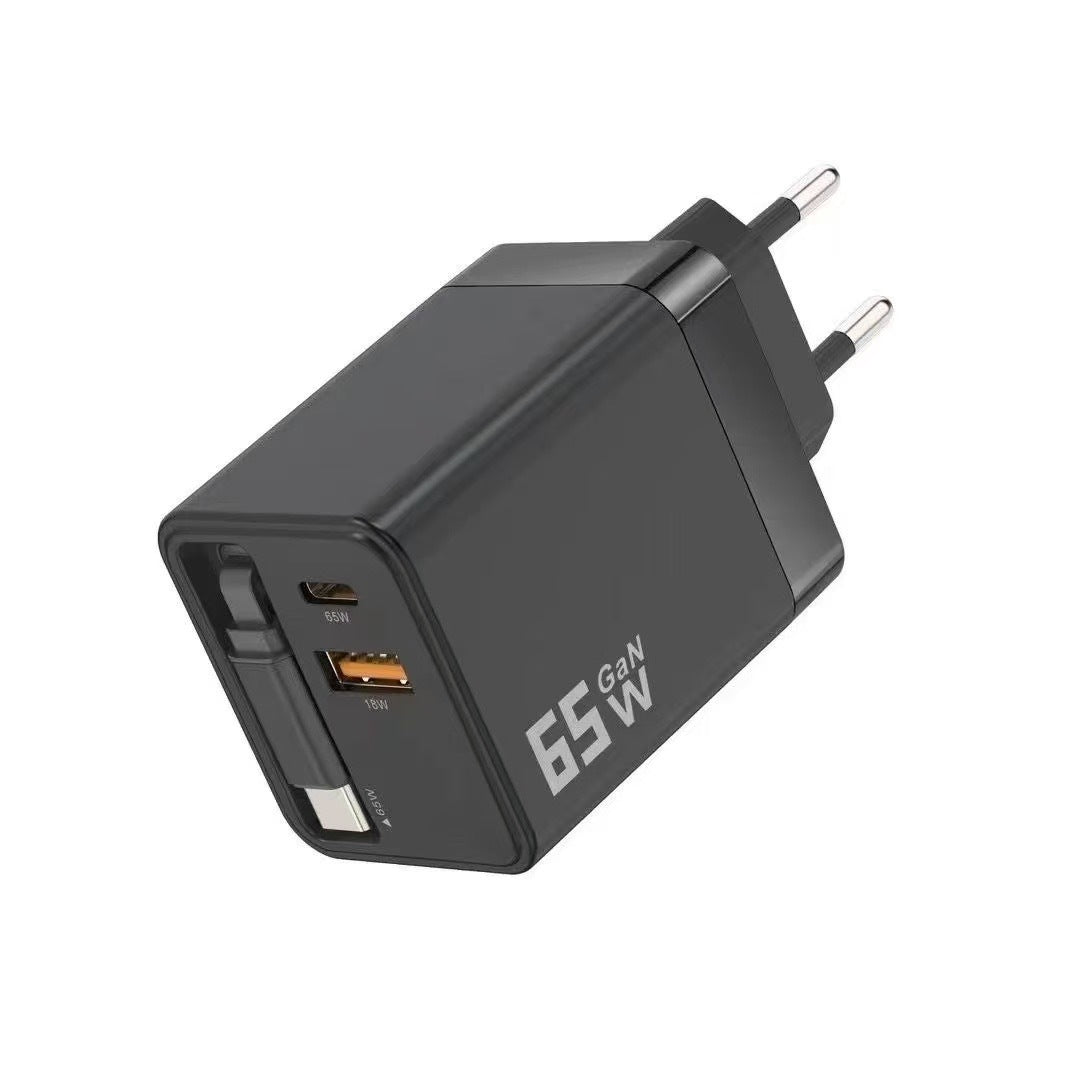65W Fast Charger with Retractable Cable – USB-C & USB-A Wall Charger for Laptop & Phone