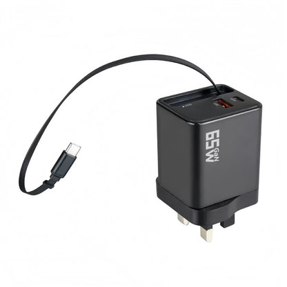 65W Fast Charger with Retractable Cable – USB-C & USB-A Wall Charger for Laptop & Phone