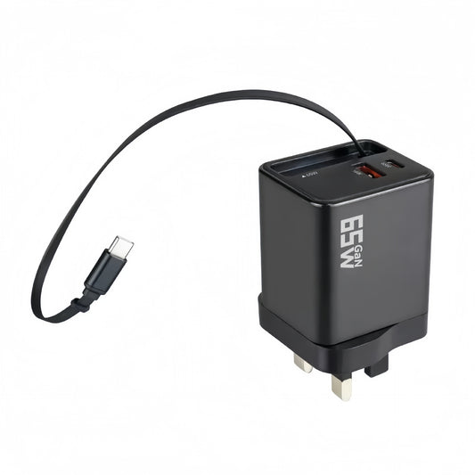 65W Fast Charger with Retractable Cable – USB-C & USB-A Wall Charger for Laptop & Phone