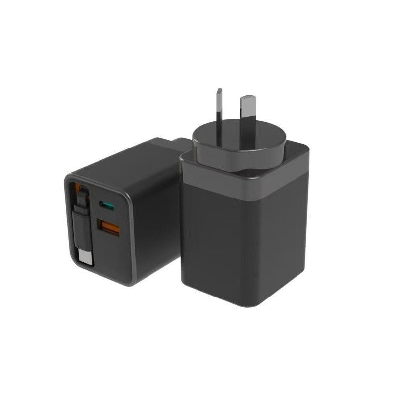 65W Fast Charger with Retractable Cable – USB-C & USB-A Wall Charger for Laptop & Phone