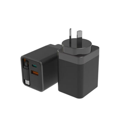 65W Fast Charger with Retractable Cable – USB-C & USB-A Wall Charger for Laptop & Phone