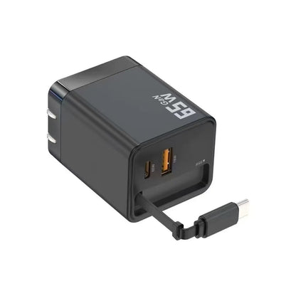 65W Fast Charger with Retractable Cable – USB-C & USB-A Wall Charger for Laptop & Phone