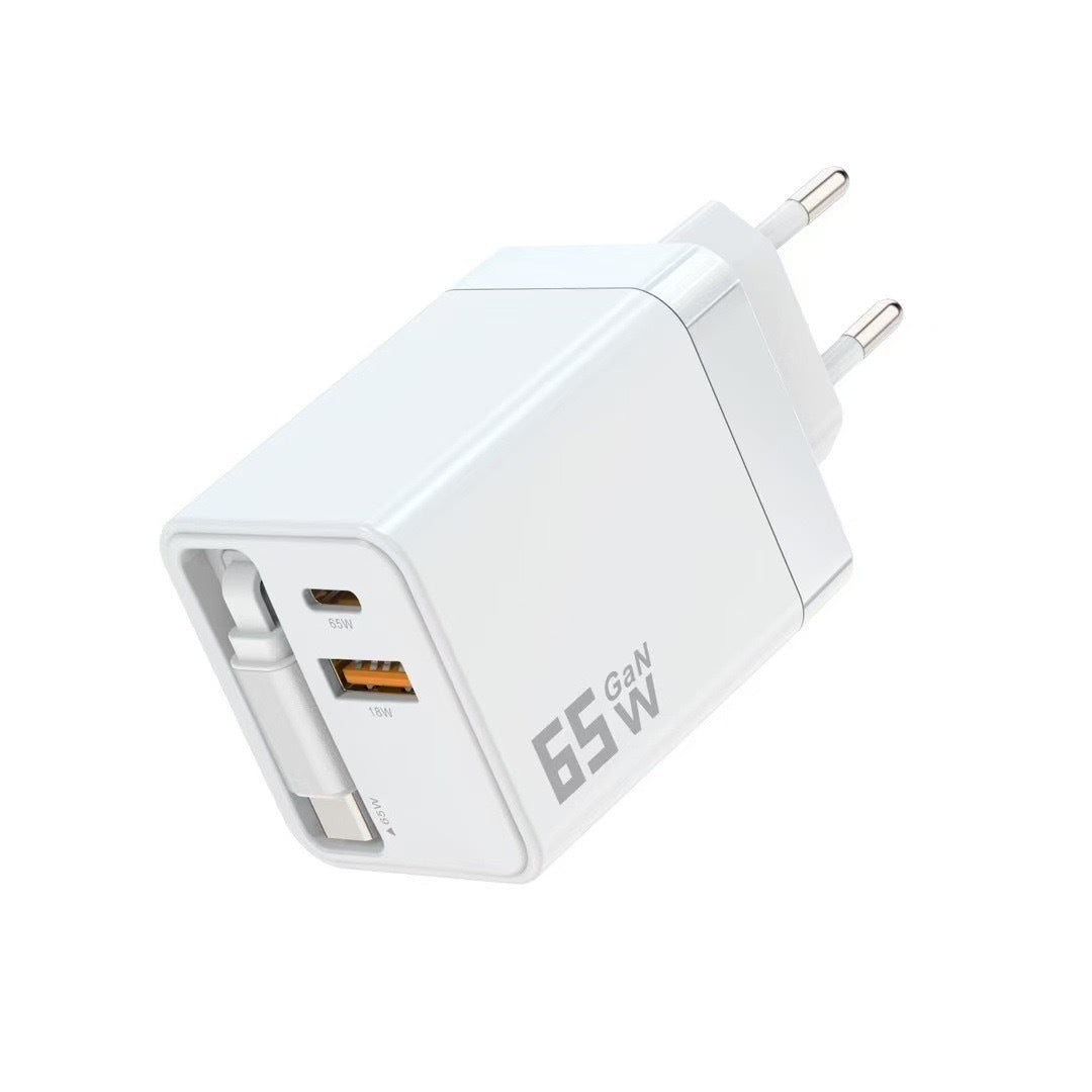 65W Fast Charger with Retractable Cable – USB-C & USB-A Wall Charger for Laptop & Phone