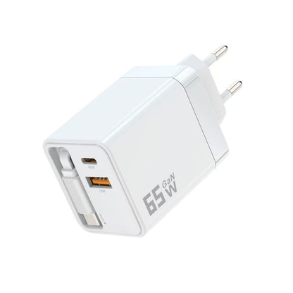65W Fast Charger with Retractable Cable – USB-C & USB-A Wall Charger for Laptop & Phone