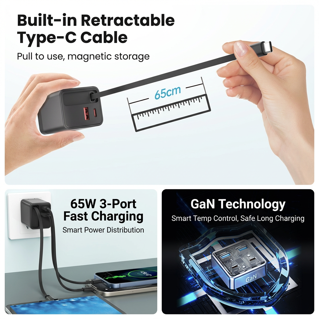 65W Fast Charger with Retractable Cable – USB-C & USB-A Wall Charger for Laptop & Phone