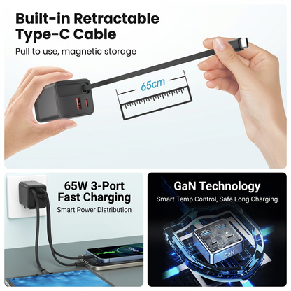 65W Fast Charger with Retractable Cable – USB-C & USB-A Wall Charger for Laptop & Phone