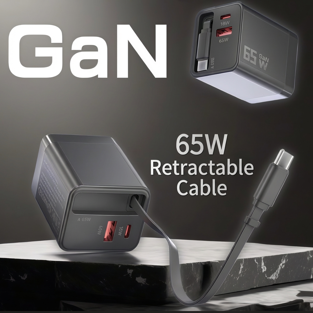 65W Fast Charger with Retractable Cable – USB-C & USB-A Wall Charger for Laptop & Phone