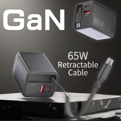 65W Fast Charger with Retractable Cable – USB-C & USB-A Wall Charger for Laptop & Phone