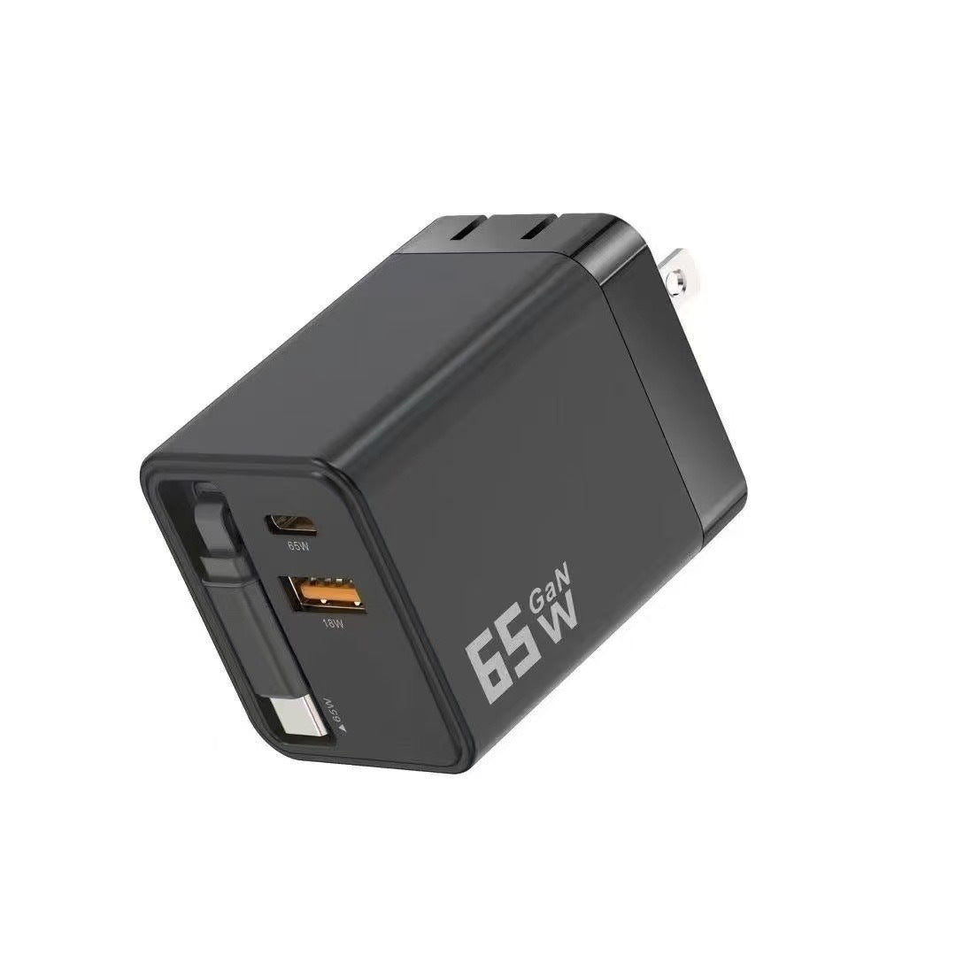 65W Fast Charger with Retractable Cable – USB-C & USB-A Wall Charger for Laptop & Phone