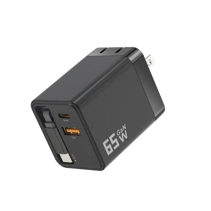 65W Fast Charger with Retractable Cable – USB-C & USB-A Wall Charger for Laptop & Phone