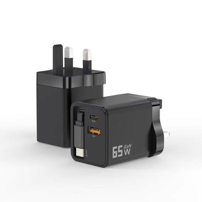 65W Fast Charger with Retractable Cable – USB-C & USB-A Wall Charger for Laptop & Phone
