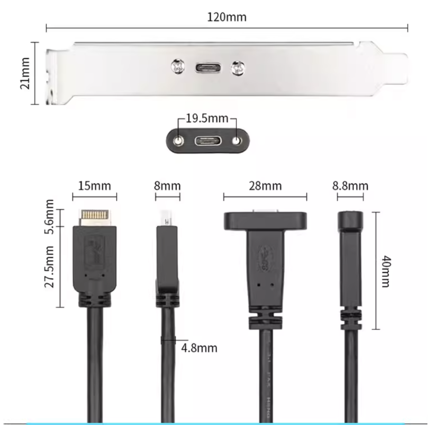 USB 3.2 Gen 2 Type-E to Type-C Extension Cable (10/20Gbps)